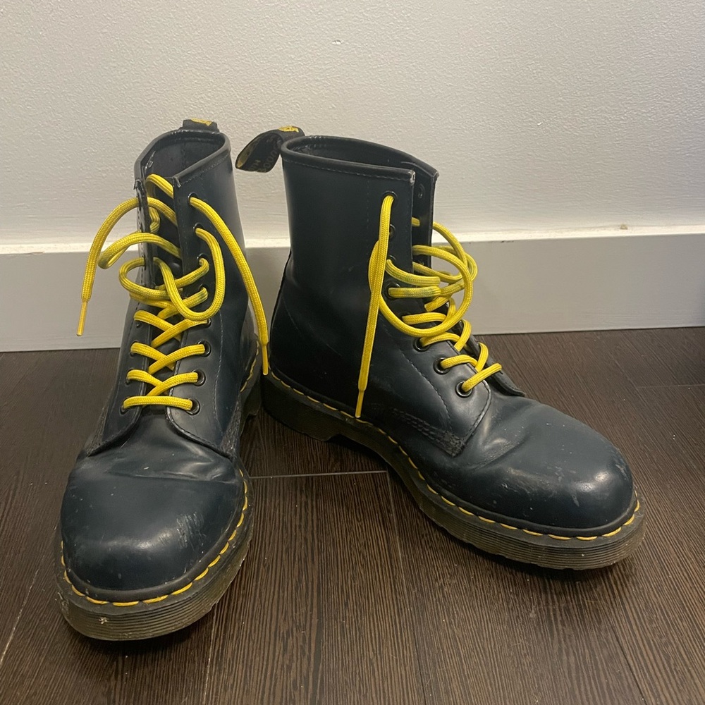 Blue Lace-Up Combat Boots with Yellow Accents